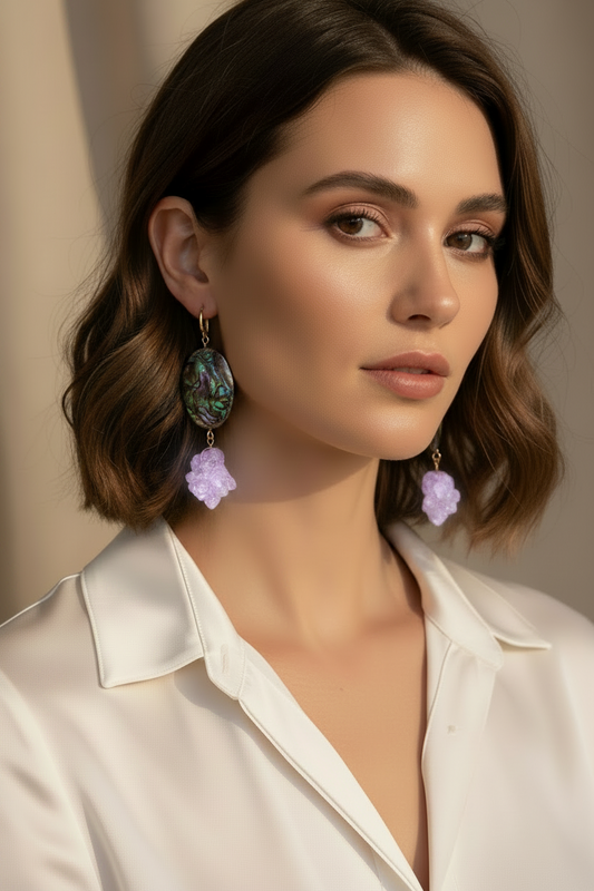 Spacey - grandes boucles d'oreilles en abalone et améthyste brute