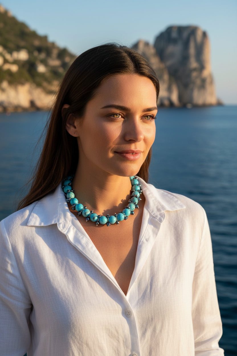 Cania - collier près du cou en turquoises et perles de culture