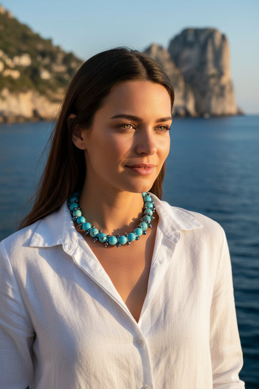 Cania - collier près du cou en turquoises et perles de culture