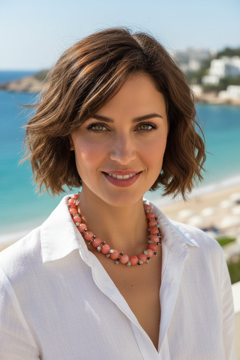 Cassandre - collier près du cou en calcite rose, améthyste et amazonite