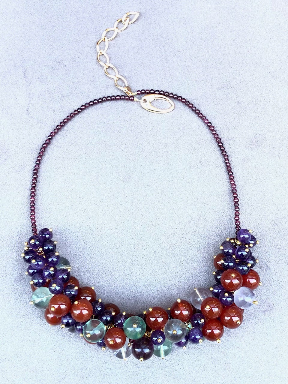 Grapes- collier en cornalines, améthystes et fluorites